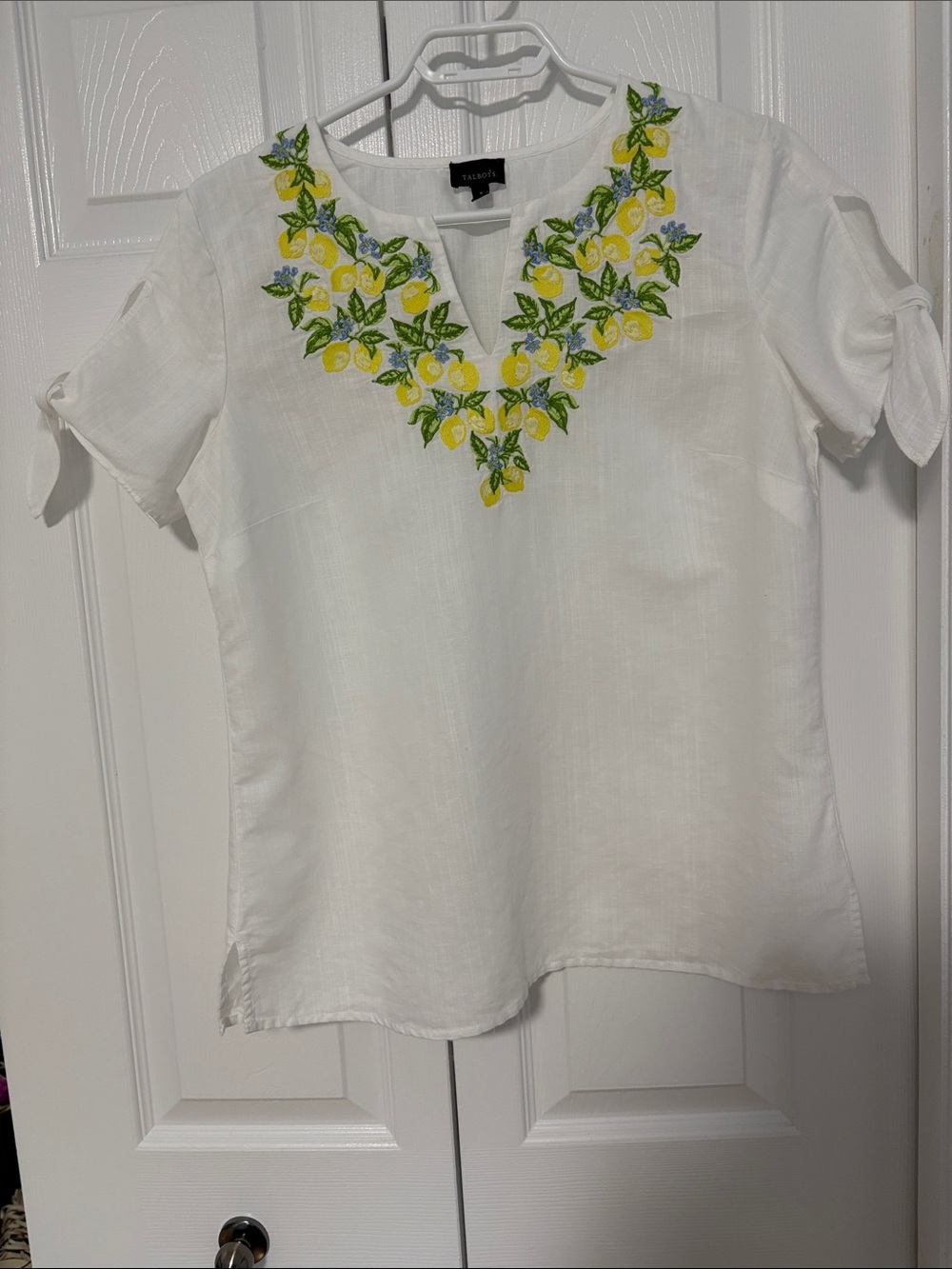 Talbots White Linen Top with Yellow and Green Floral Embroidery